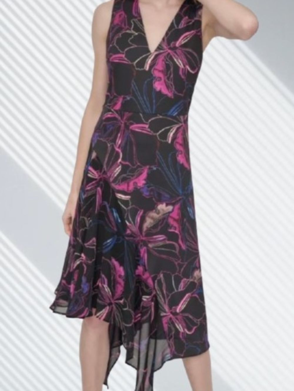 DKNY Women's V-Neck Sleeveless Asymmetrical Midi Dress Homecoming Cocktail Dress